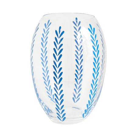 Clear vase with decoration of blue leaves