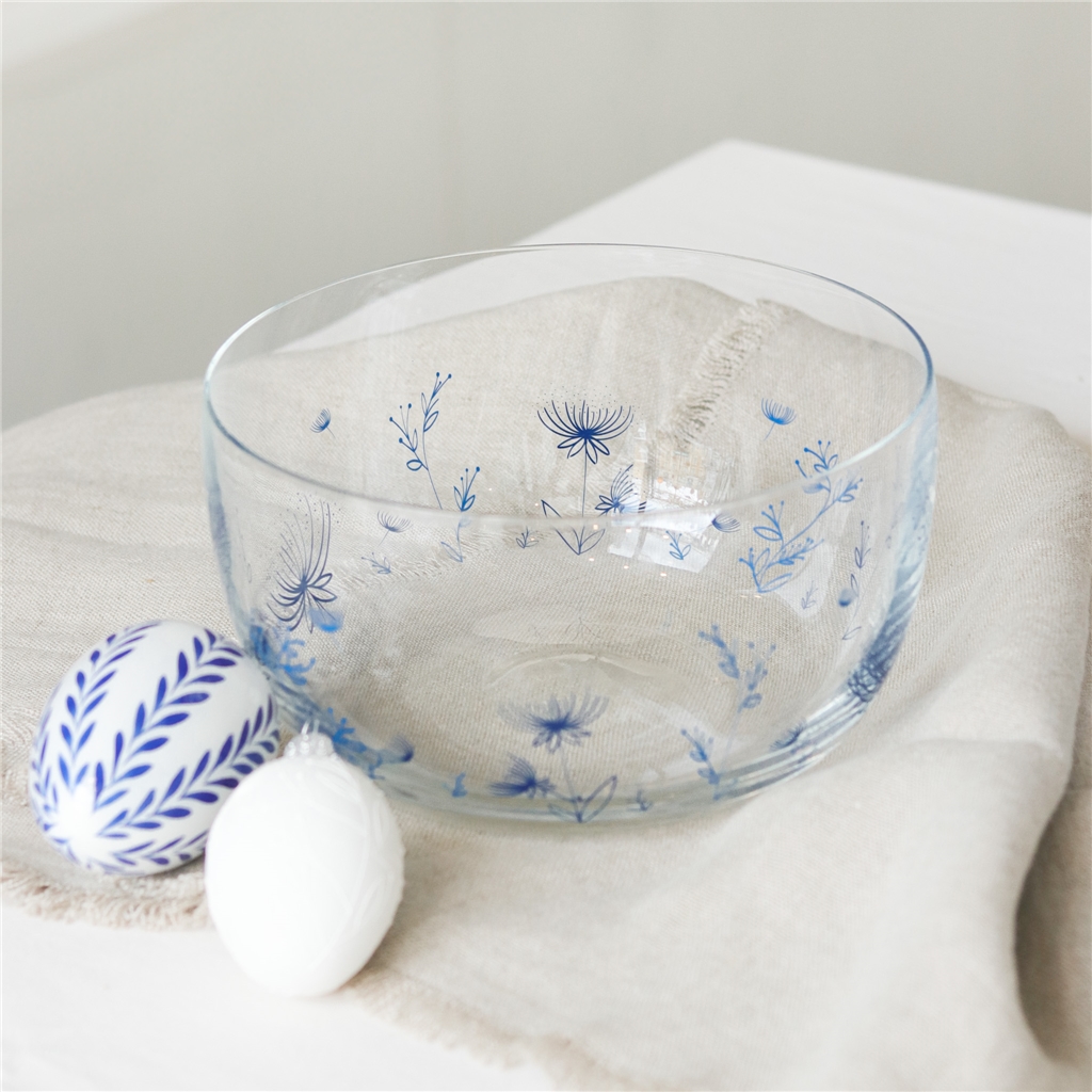 Glass bowl with blue plants