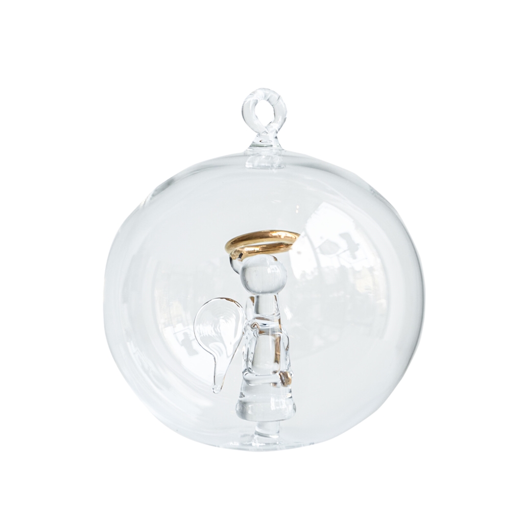 Glass ball with gilded angel figurine