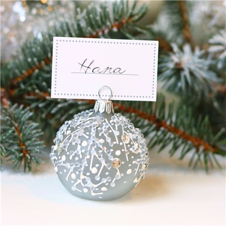 Gray matt card holder bauble with frozen raindrops décor
