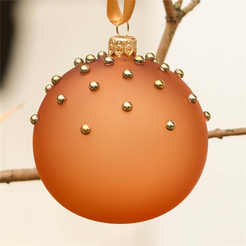 Glass ornament in matte brick color with gold pearls