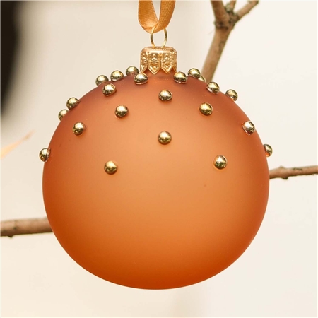 Glass ornament in matte brick color with gold pearls